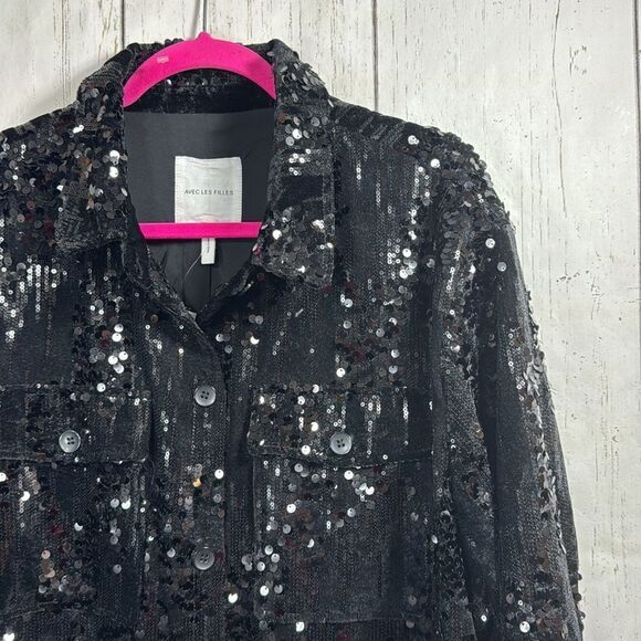 Avec Les Filles Black Sequin Button Up Jacket Shacket 3X Holiday Glam Night Out - Picture 4 of 14